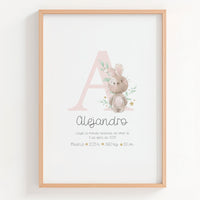 Lámina natalicio personalizada con inicial conejito en color lila