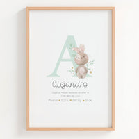 Lámina natalicio personalizada con inicial conejito en color verde