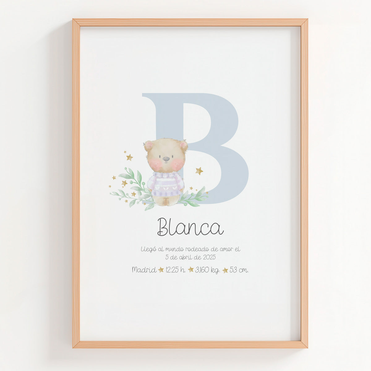 Lámina natalicio Personalizada con Inicial azul con osito. 