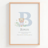 Lámina natalicio Personalizada con Inicial azul con osito. 