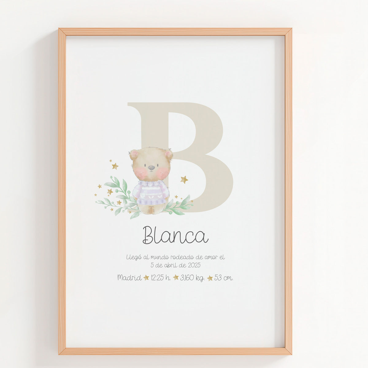 Lámina natalicio Personalizada con Inicial beis con osito. 