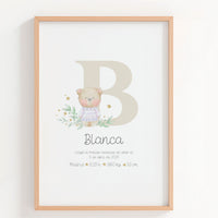 Lámina natalicio Personalizada con Inicial beis con osito. 