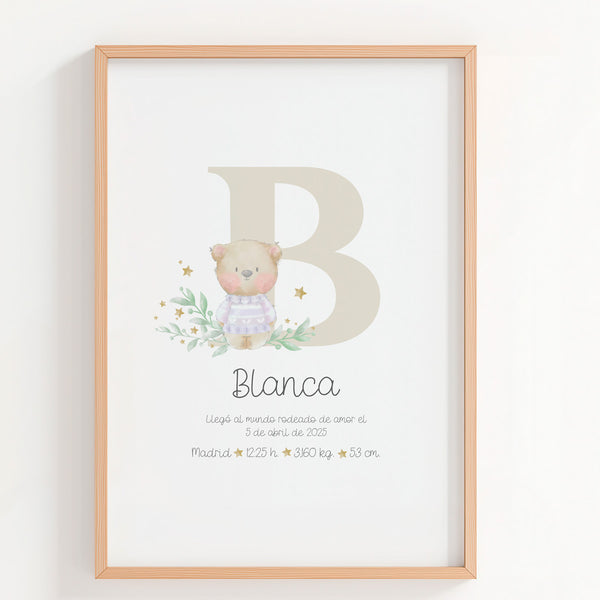 Lámina natalicio Personalizada con Inicial beis con osito. 