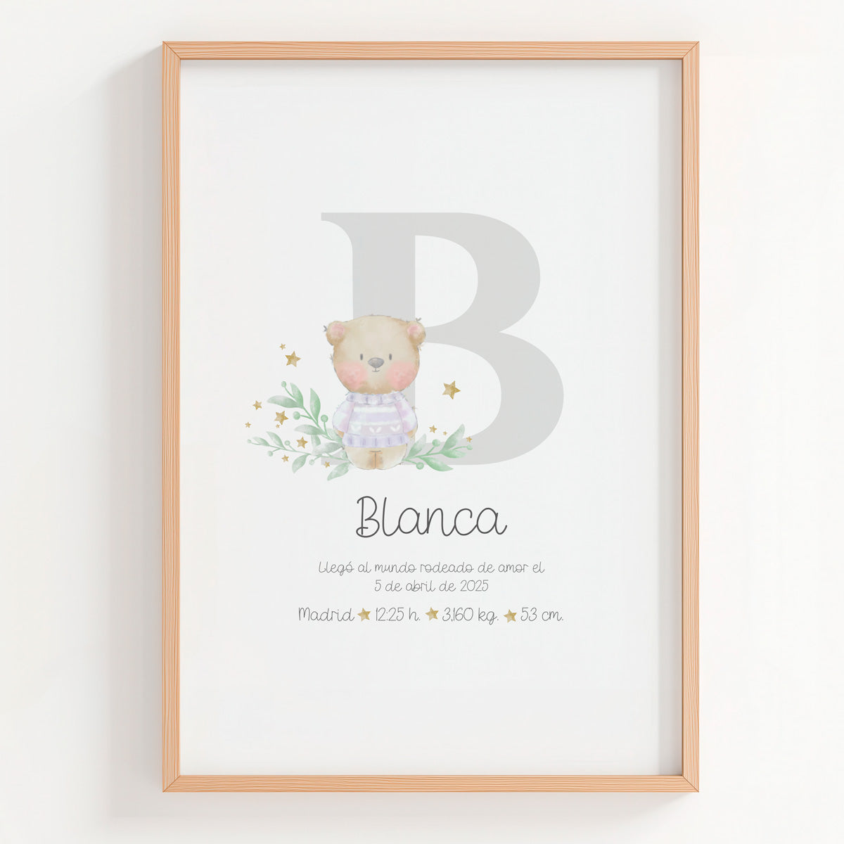 Lámina natalicio Personalizada con Inicial gris con osito. 