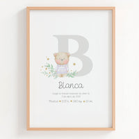 Lámina natalicio Personalizada con Inicial gris con osito. 