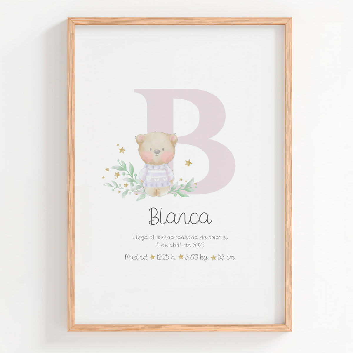 Lámina natalicio Personalizada con Inicial lila con osito. 