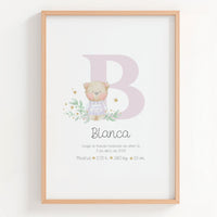 Lámina natalicio Personalizada con Inicial lila con osito. 