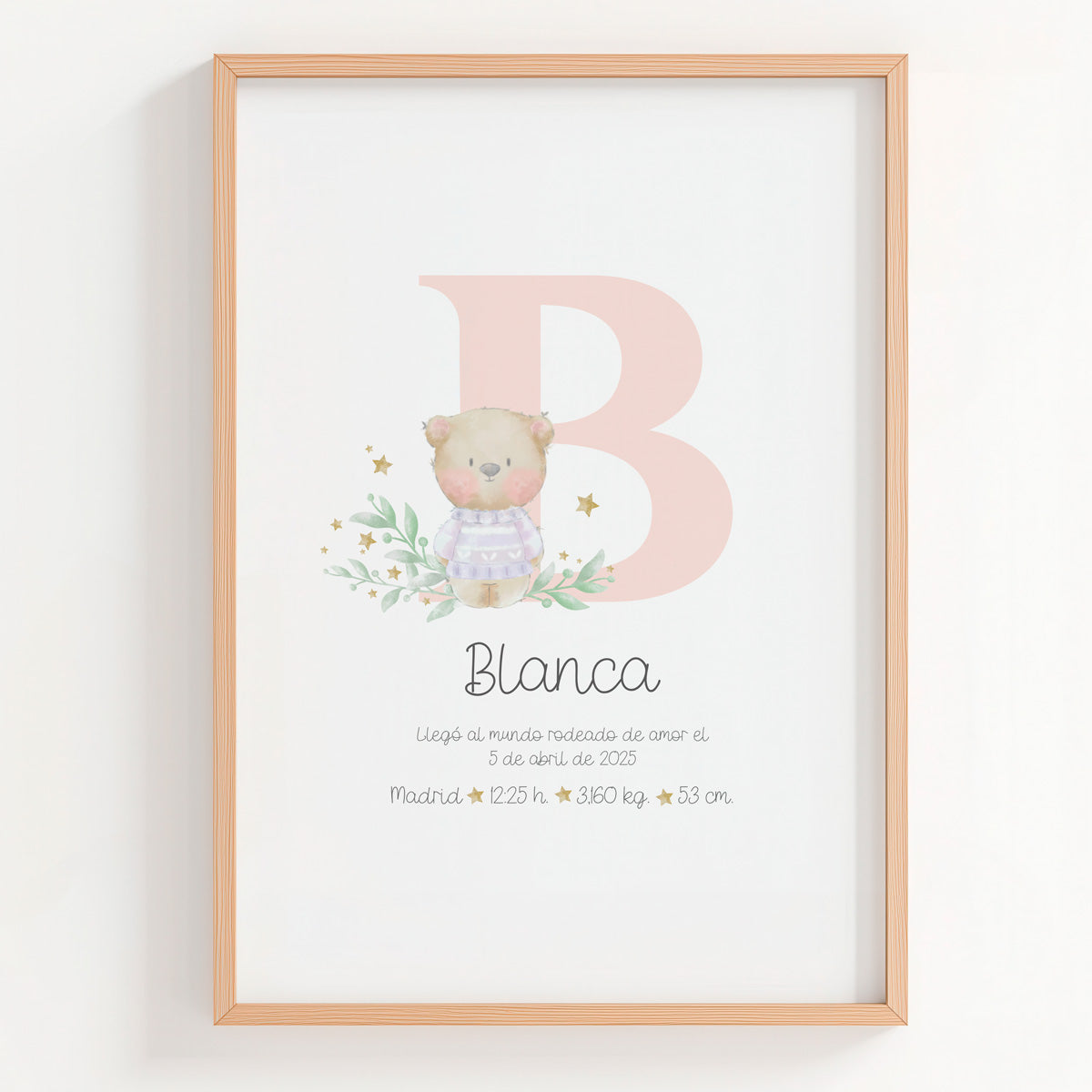 Lámina natalicio Personalizada con Inicial rosa con osito. 