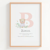Lámina natalicio Personalizada con Inicial rosa con osito. 