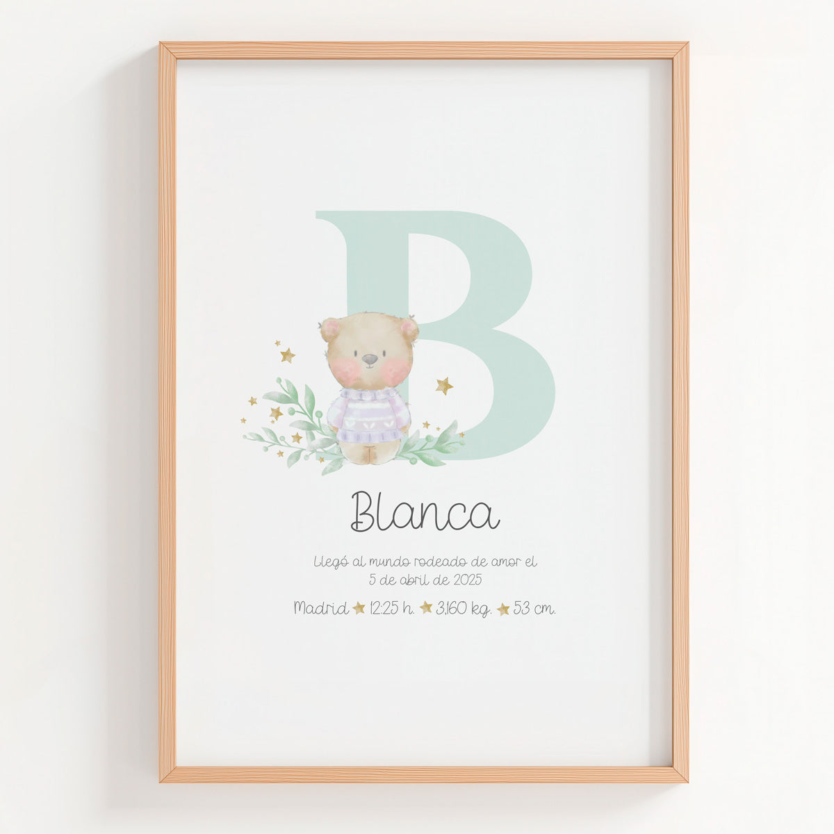 Lámina natalicio Personalizada con Inicial verde con osito. 