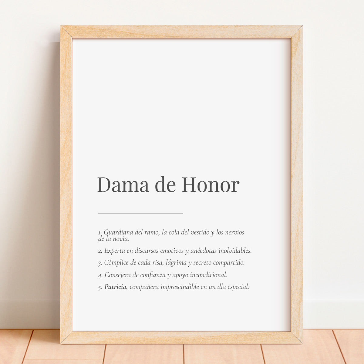 Lámina personalizada dama de honor con marco de madera