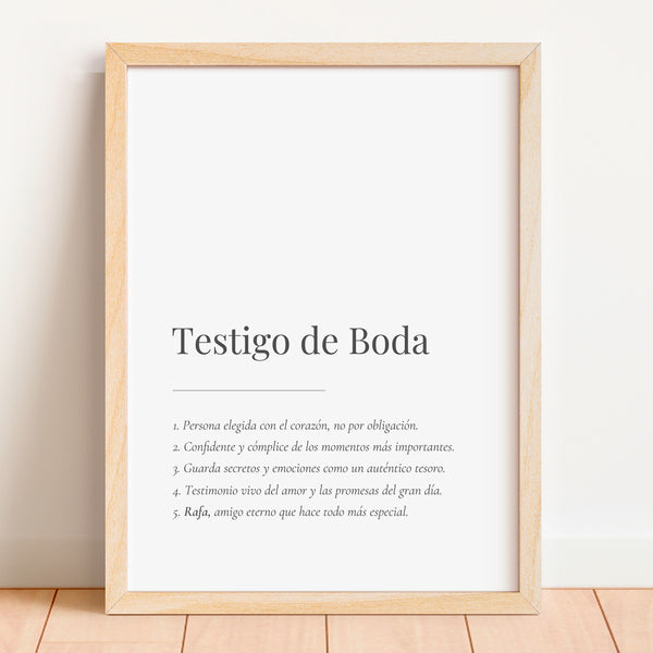 Lámina personalizada testigo de boda con marco de madera