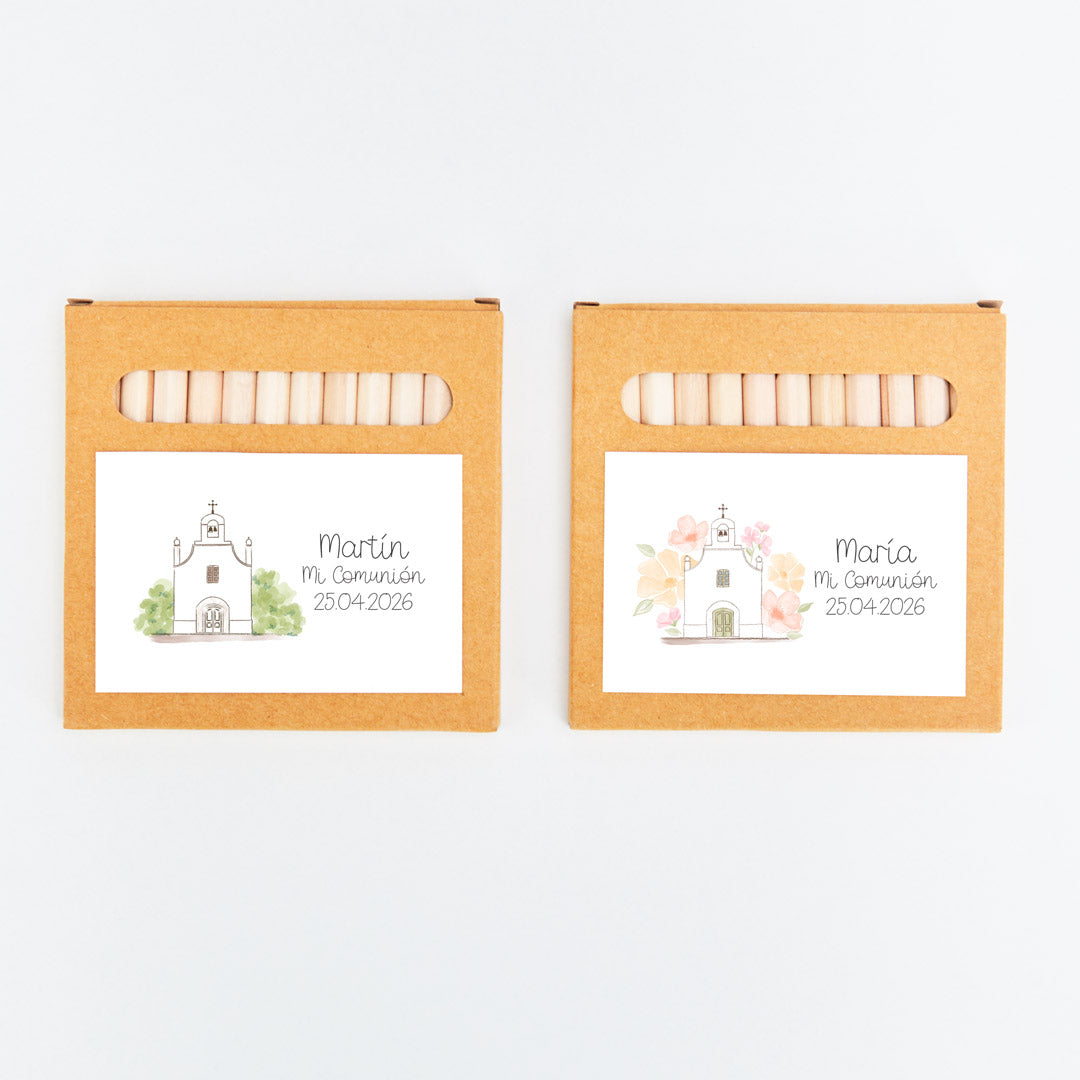 opciones de la caja de lápices de colores como detalles para niños de comunión de la colección iglesia. 