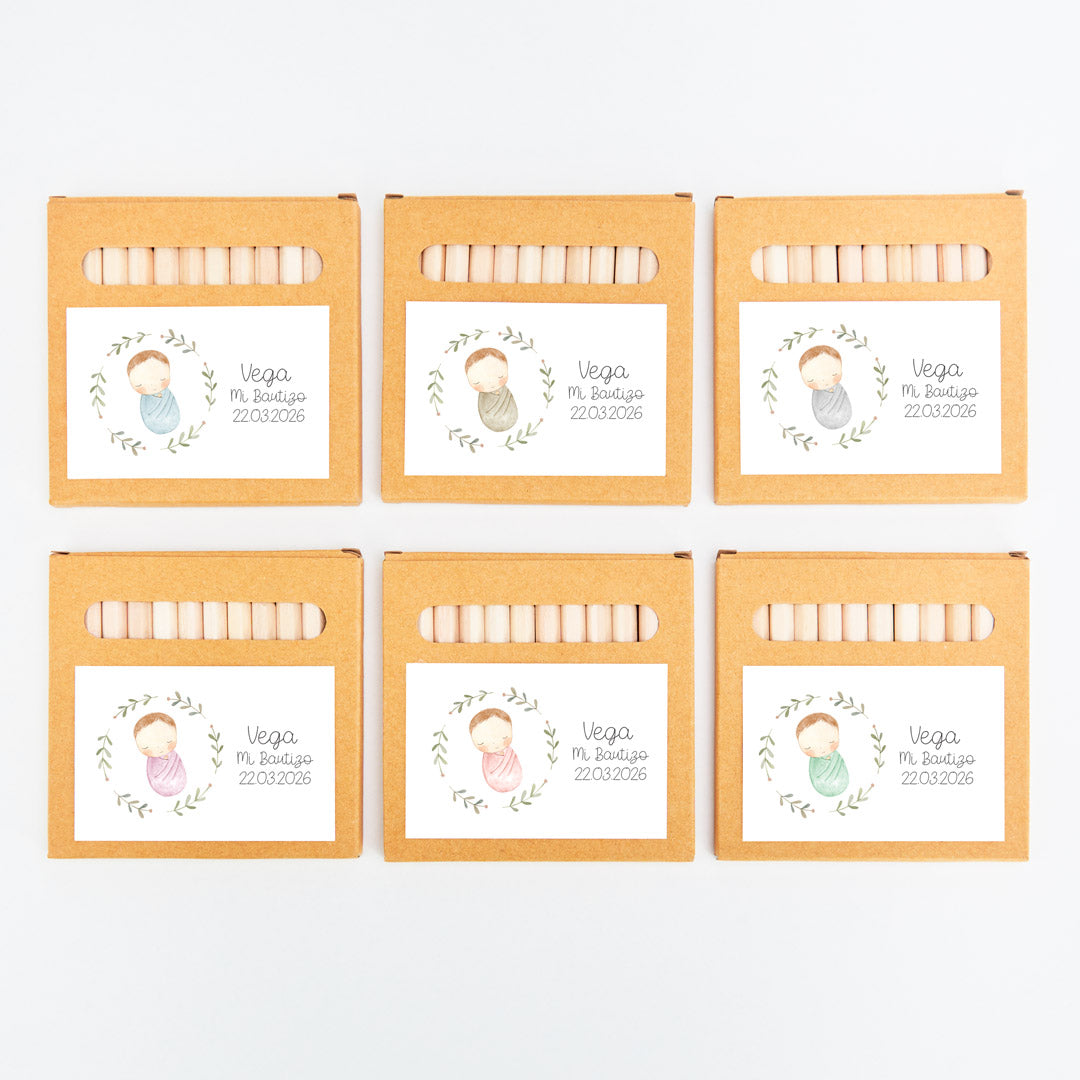 opciones de la caja de lápices de colores como detalles para niños de bautizo de la colección rosquito bebé. 