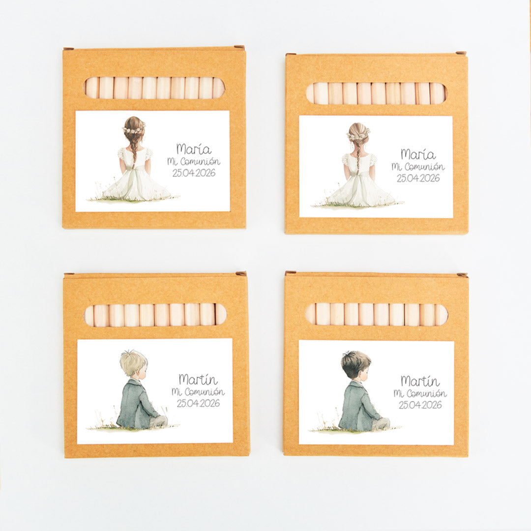 opciones de la caja de lápices de colores como detalles para niños de comunión de la colección boho. 