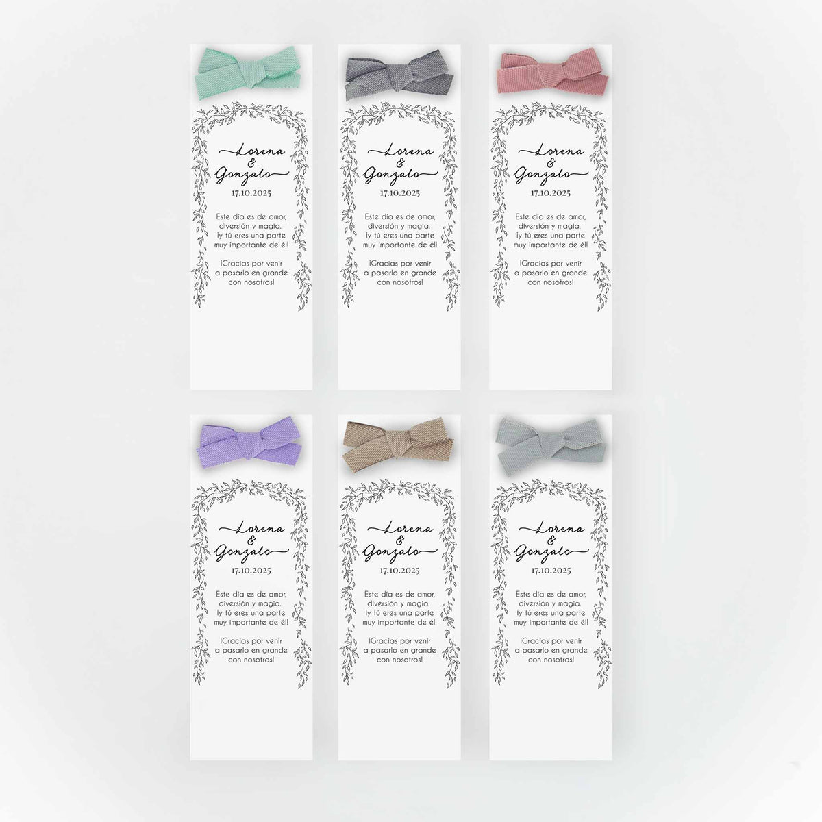 Opciones de color para el lazo del marcapáginas para bodas de la colección "Bosque Secreto".