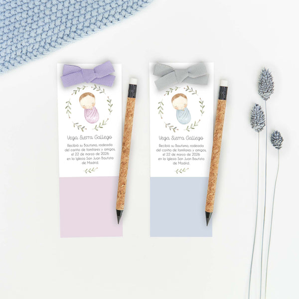 Marcapáginas con lápiz eterno de la colección Rosco Bebé con bebé en un rosco de ramas, detalle de bautizo