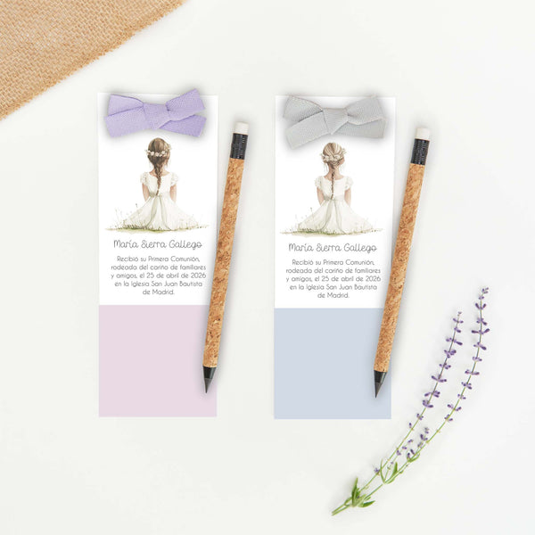 Marcapáginas con lápiz eterno de la colección Boho con ilustración de niño o niña de comunión, detalle de comunión
