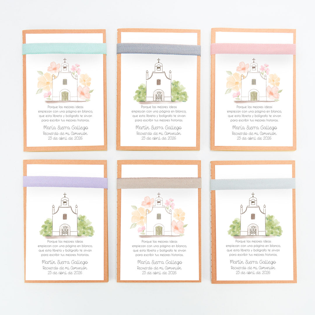 Opciones de color y diseño de la libreta con bolígrafo como detalle para invitados de comunión de la colección iglesia