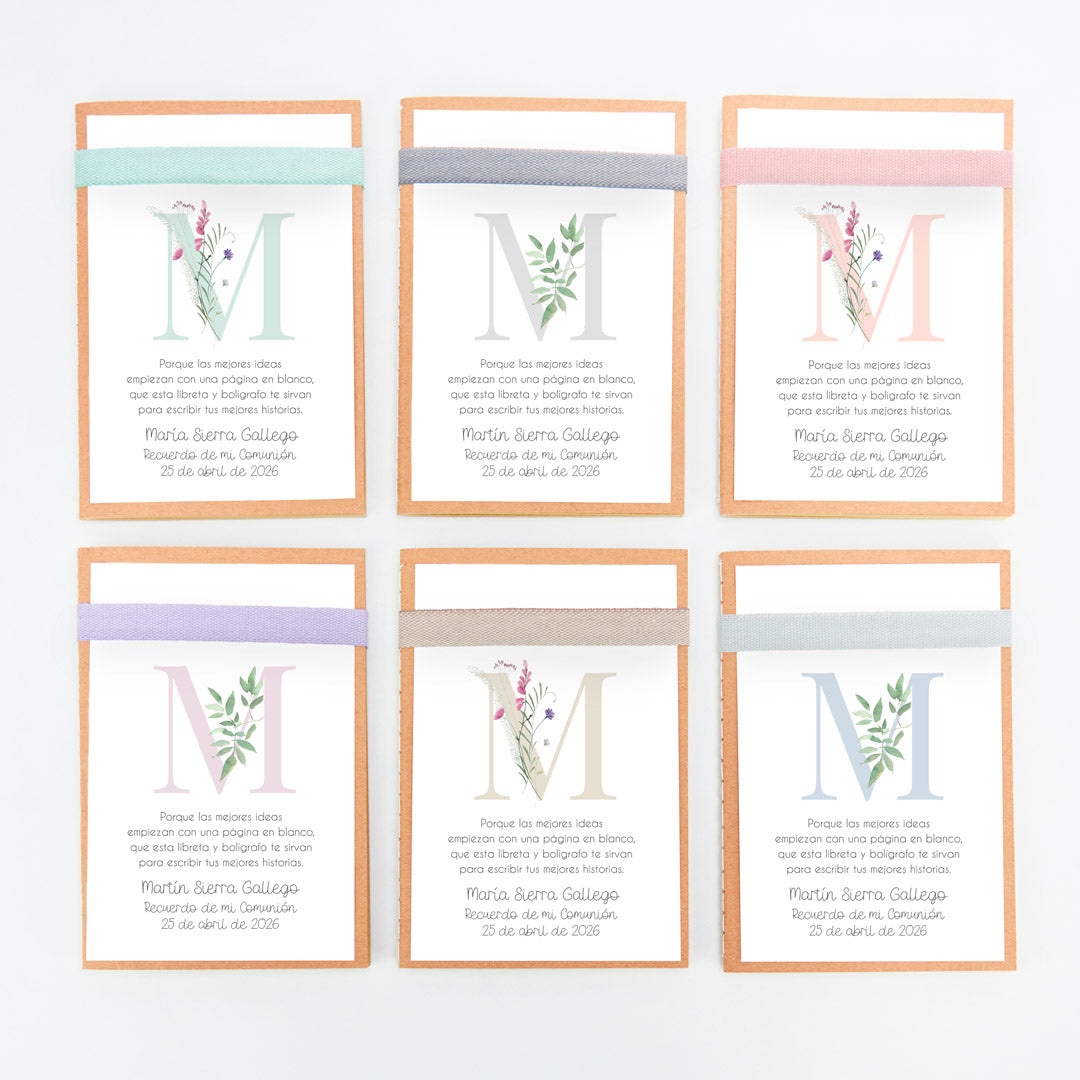 Opciones de color y diseño de la libreta con bolígrafo como detalle para invitados de comunión de la colección inicial