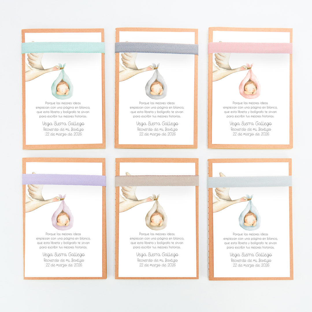 opciones de color de la libreta con bolígrafo como detalle para invitados de bautizo de la colección Cigüeña