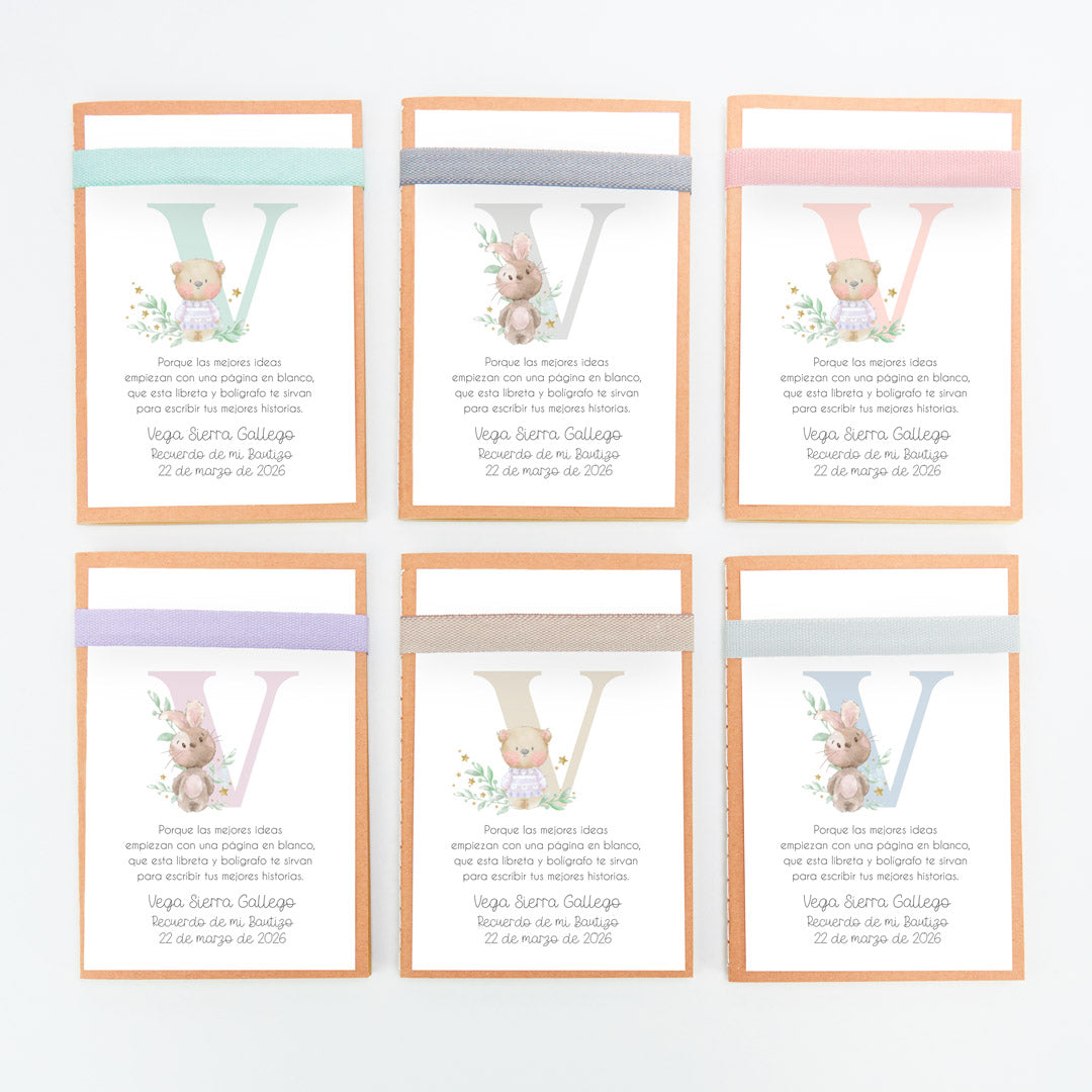 opciones de color de la libreta con bolígrafo como detalle para invitados de bautizo de la colección Inicial