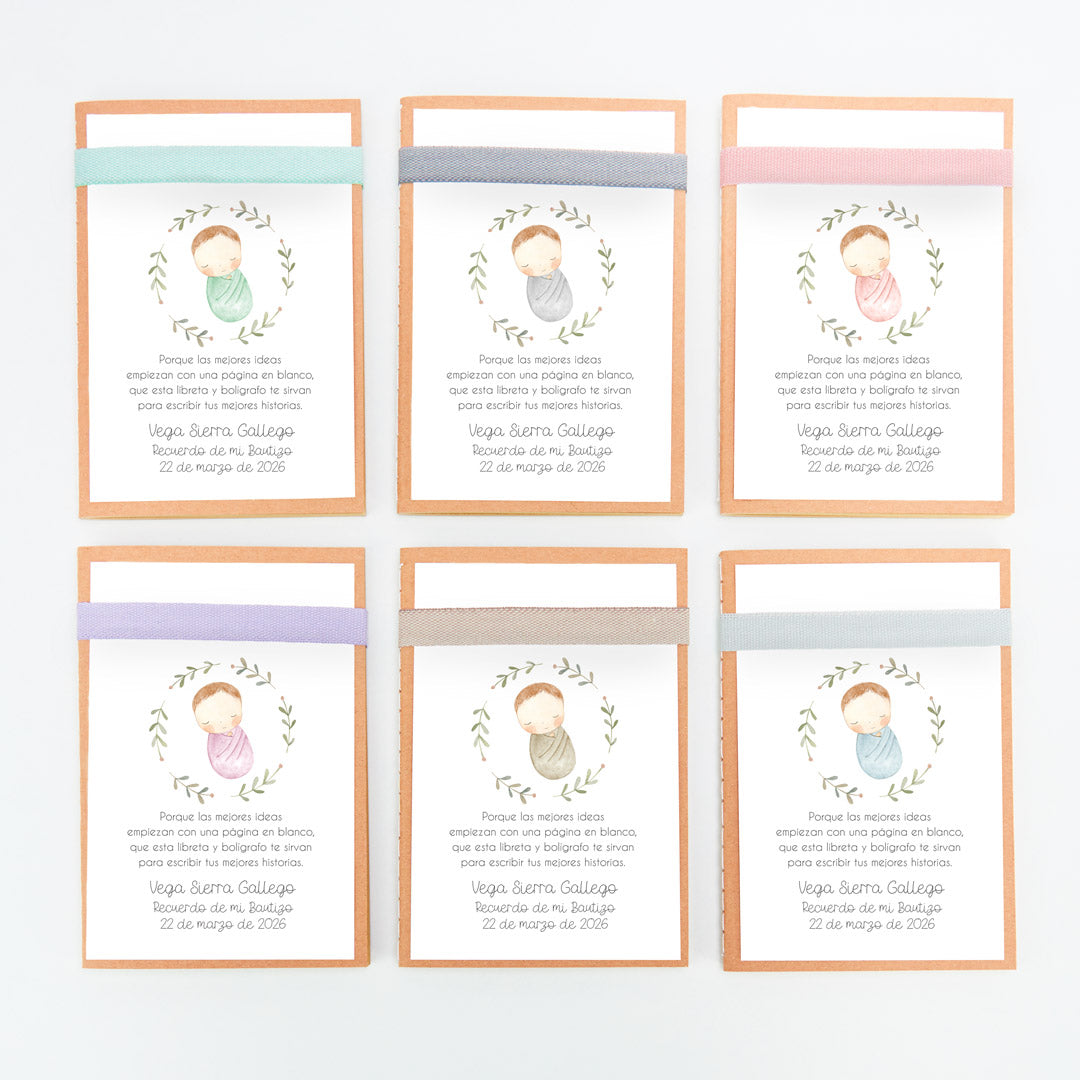 opciones de color de la libreta con bolígrafo como detalle para invitados de bautizo de la colección Rosquito Bebé