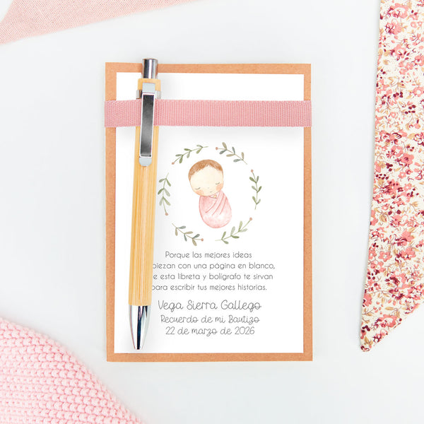 libreta con bolígrafo como detalle para invitados de bautizo de la colección Rosquito Bebé