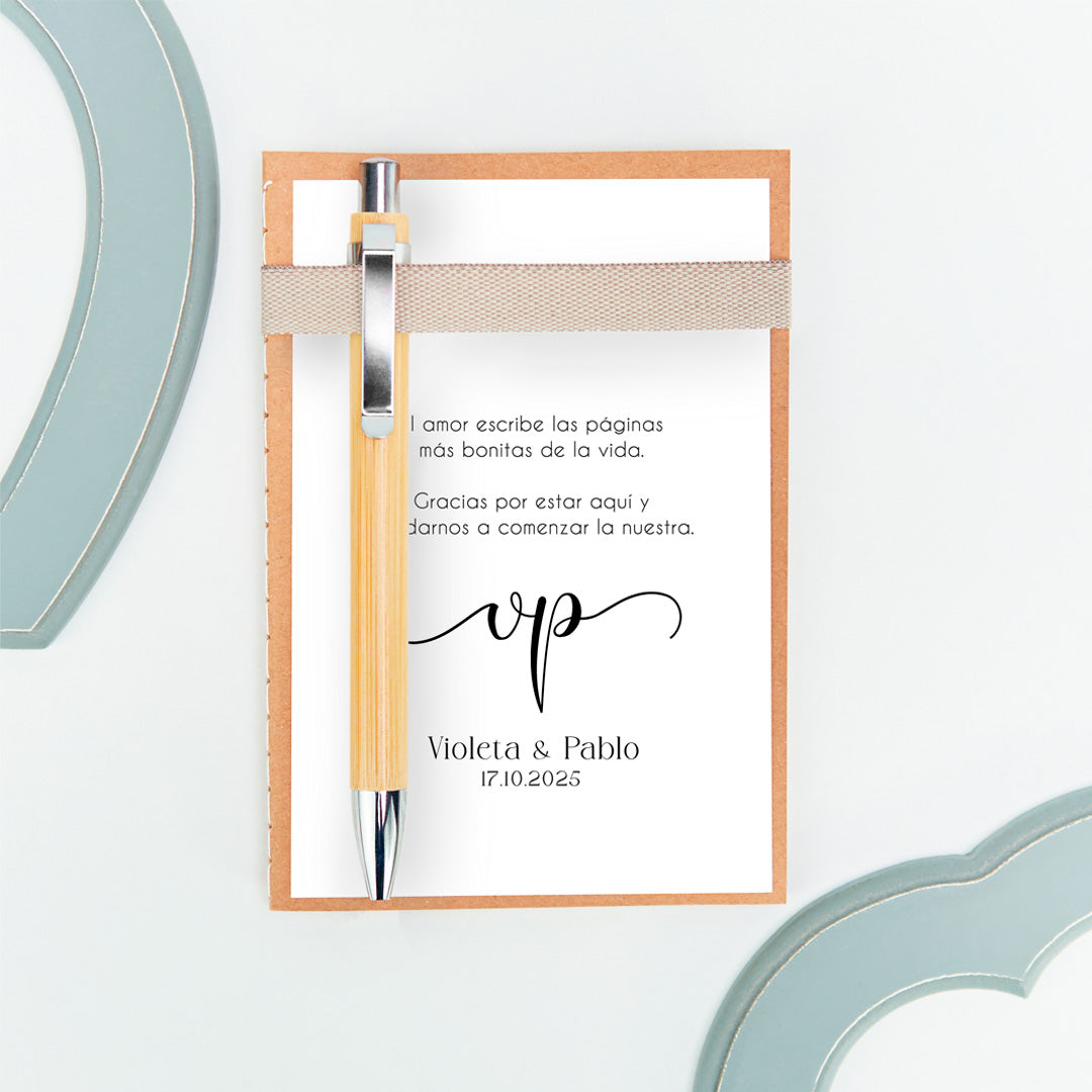 libreta con bolígrafo como detalle para invitados de boda de la colección Eterna