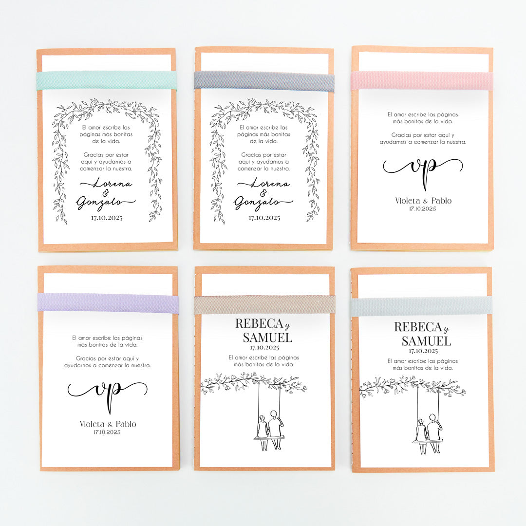 opciones de diseño y color de la libreta con bolígrafo como detalle para invitados de boda