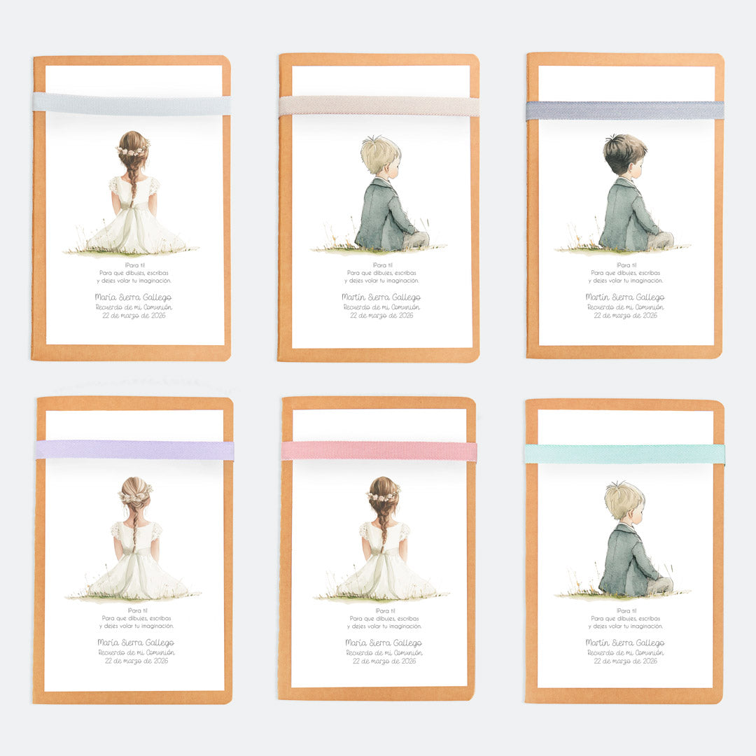 opciones de diseño y color para la libreta con lápiz para invitados de comunión de la colección boho. 