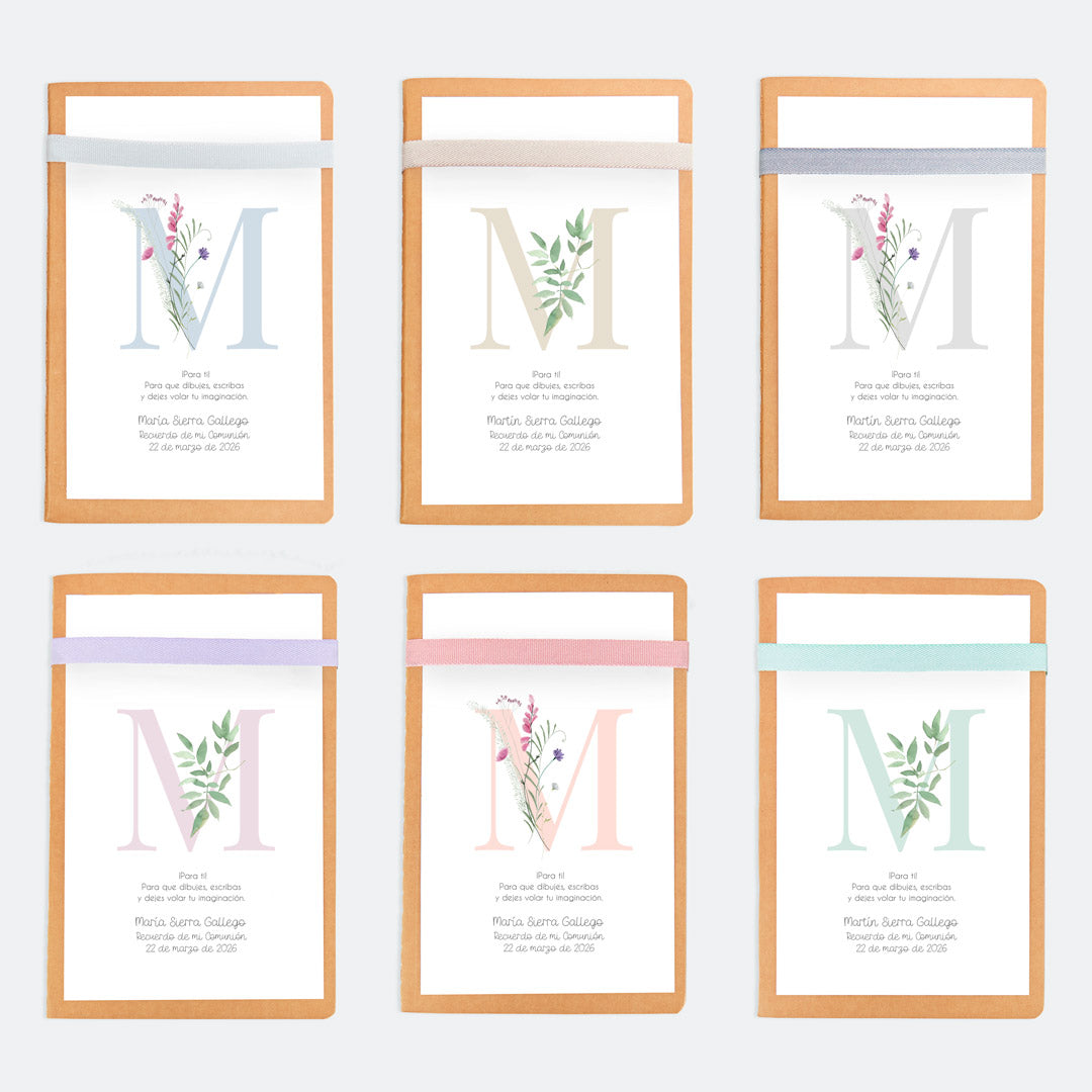 opciones de diseño y color para la libreta con lápiz para invitados de comunión de la colección inicial. 