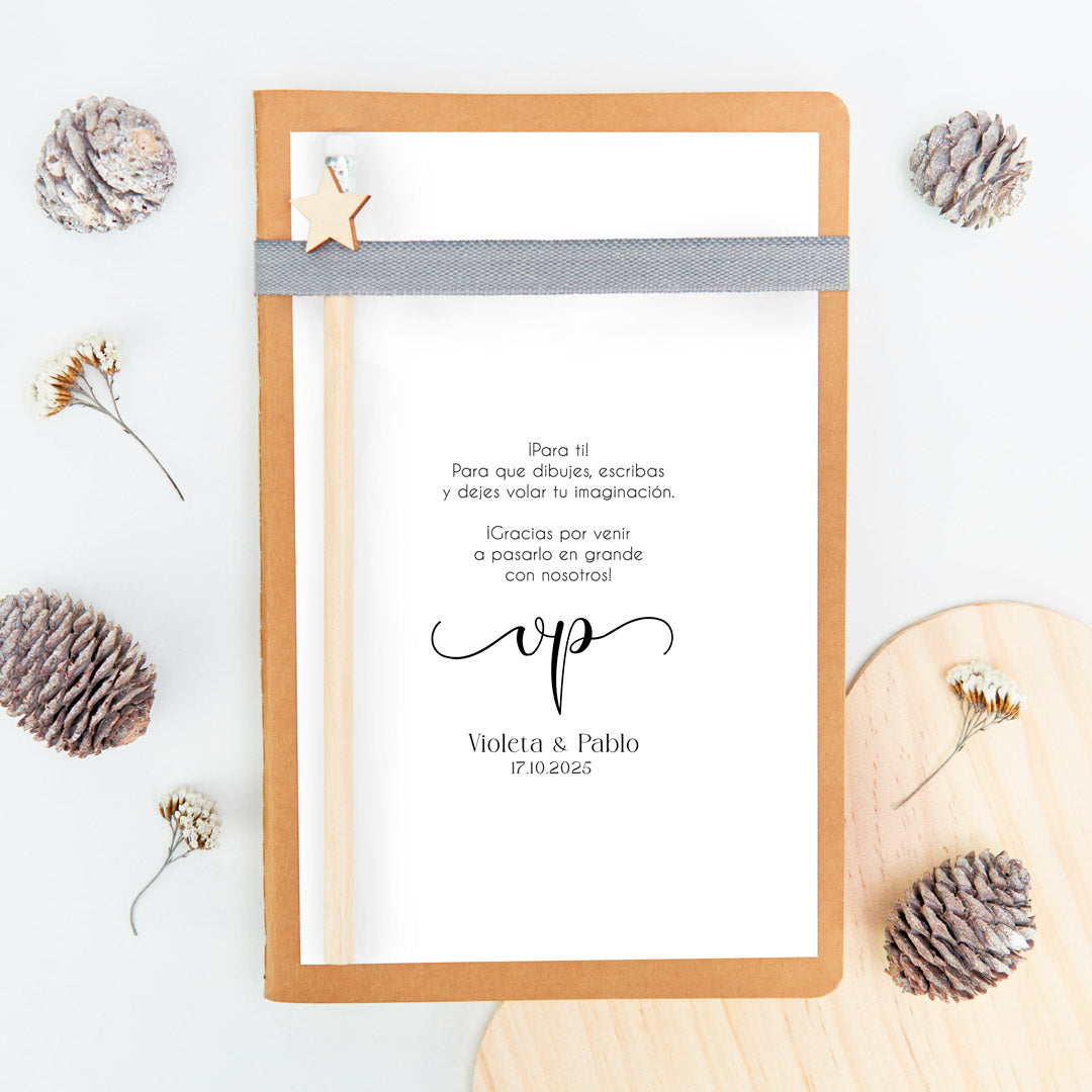 libreta con lápiz para niños  invitados de boda de la colección eterna. 