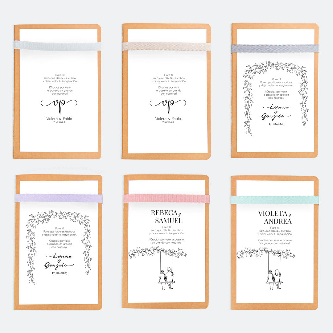 opciones de diseño y color de la libreta con lápiz para niños  invitados de boda.