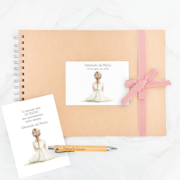 Libro de firmas para comunión con bolígrafo personalizado de la colección boho. 