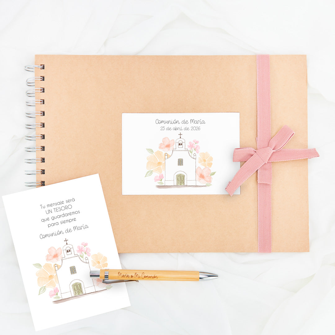 Libro de firmas para comunión con bolígrafo personalizado de la colección iglesia. 