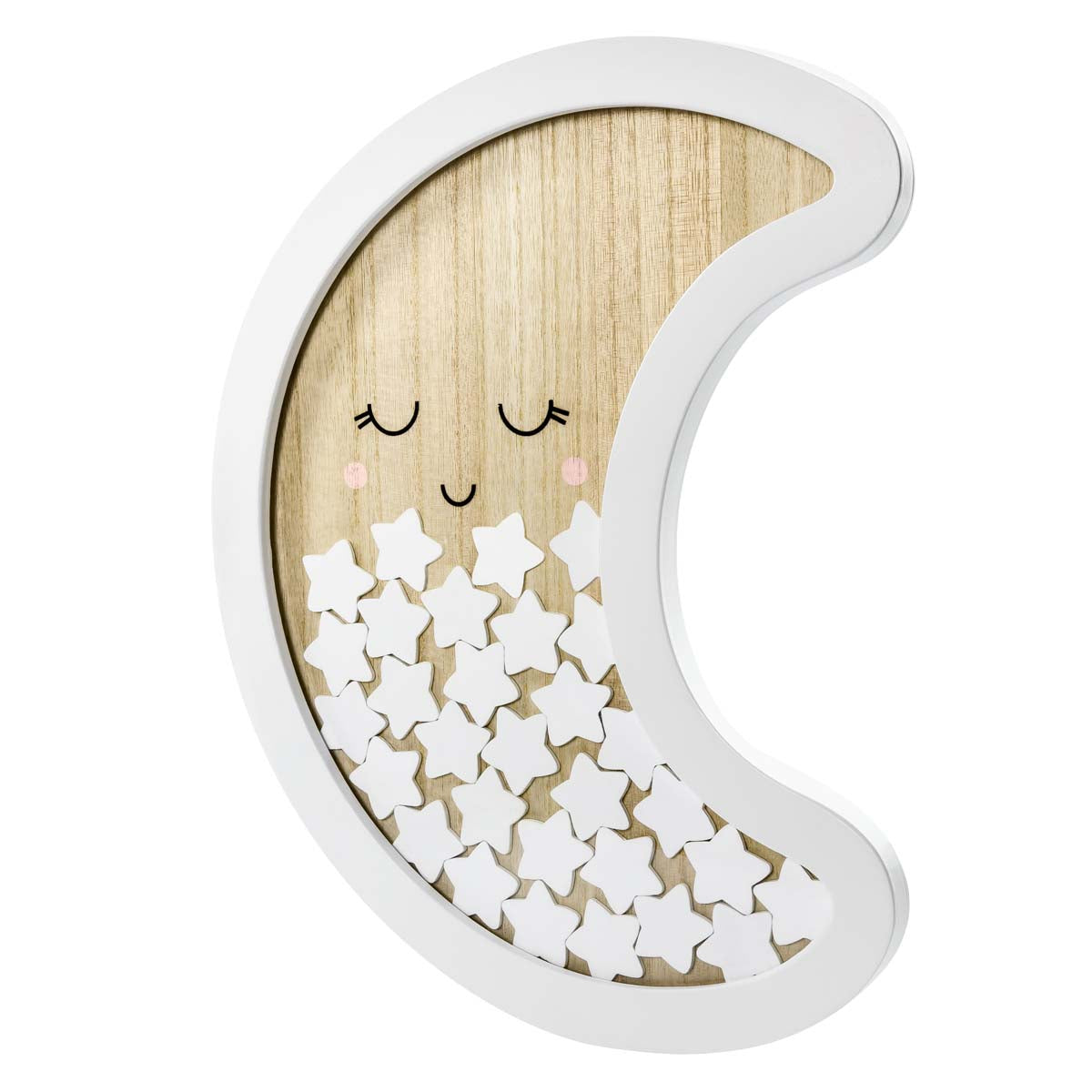 Detalle del libro de firmas de madera con forma de luna. Decoración original para comuniones y bautizos.