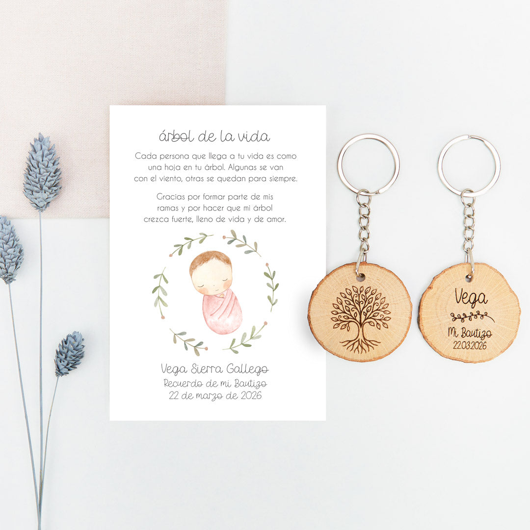Llavero Árbol de la Vida con Tarjeta para Invitados de Bautizo