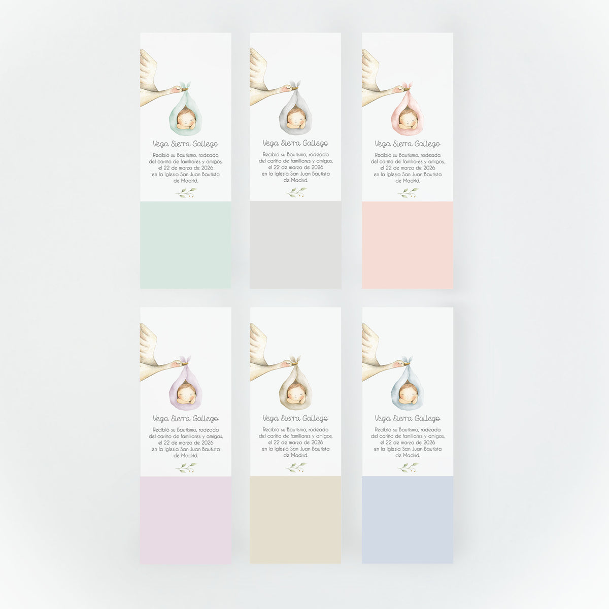 Opciones de color para el marcapáginas de bautizo de la colección cigüeña. 