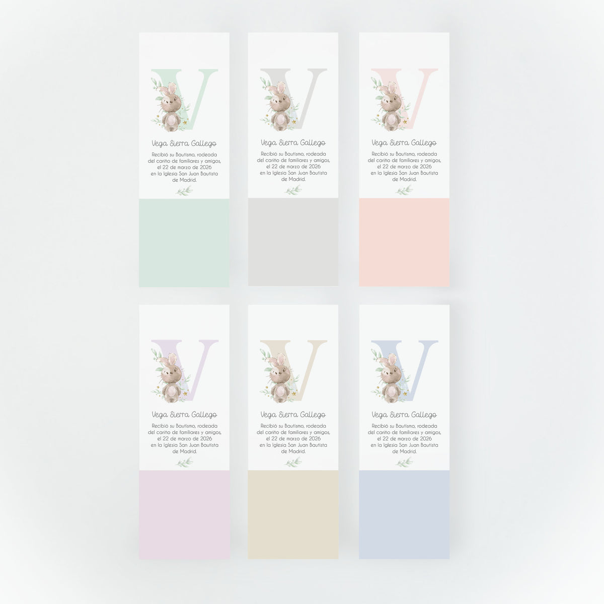 Opciones de color para el marcapáginas de bautizo de la colección inicial conejito.