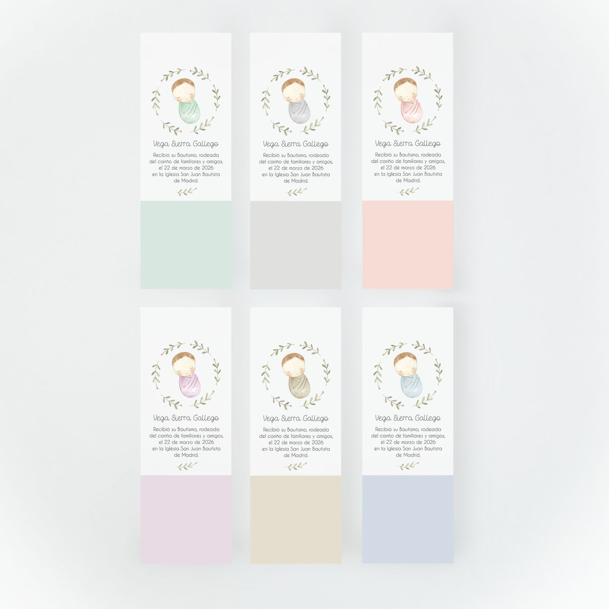 Opciones de color para el marcapáginas de bautizo de la colección rosquito bebé. 