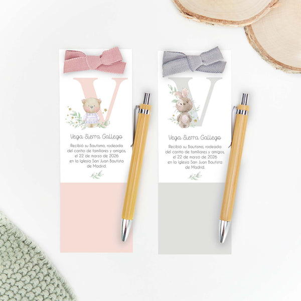 Marcapáginas con bolígrafo personalizado de la colección Inicial para bautizo