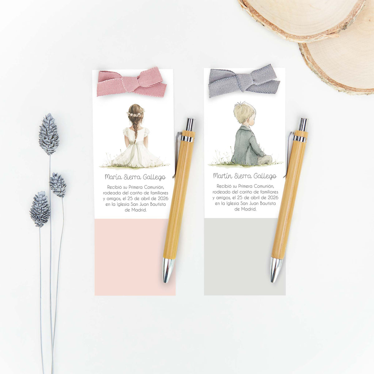 Marcapáginas con bolígrafo personalizado de la colección Boho para comunión