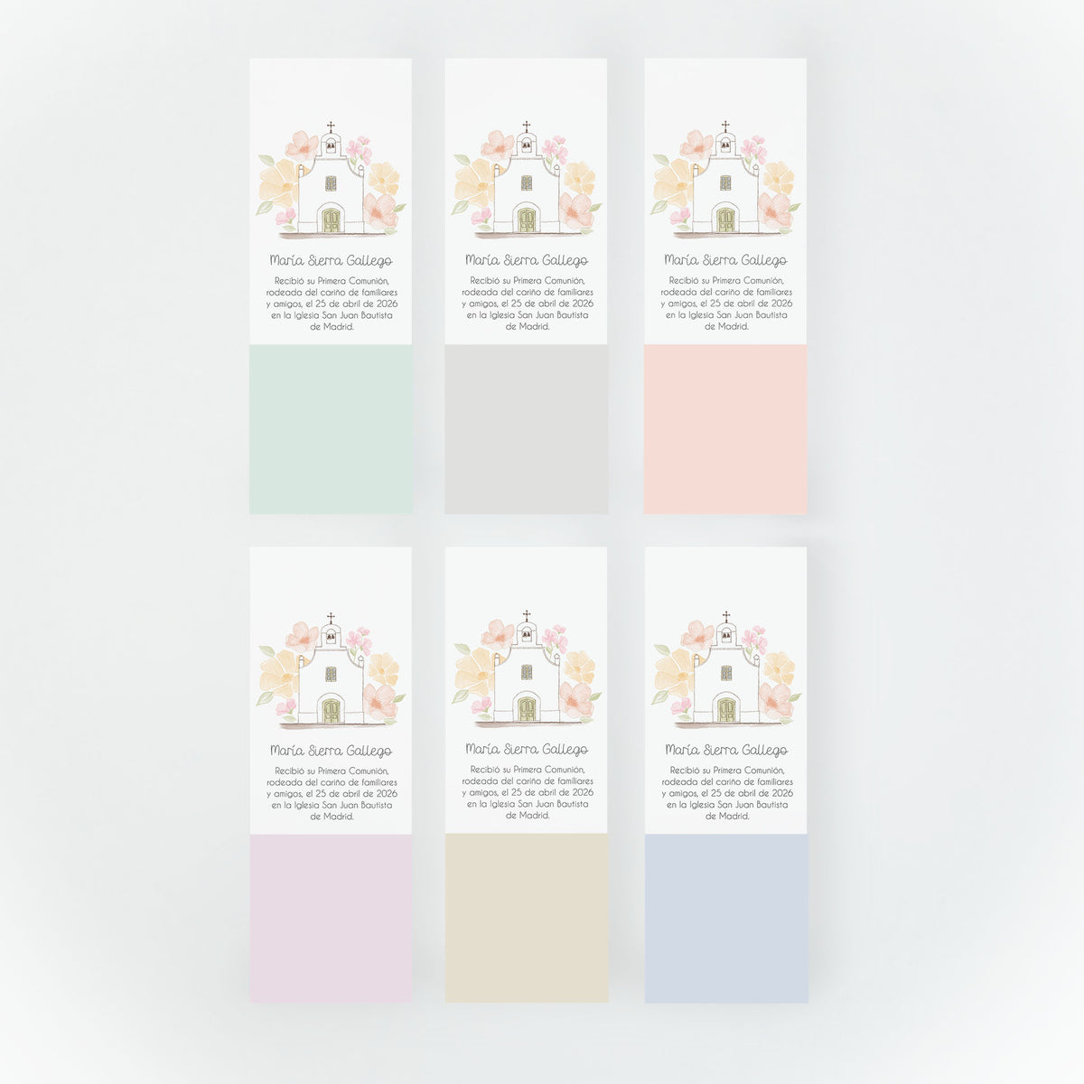Opciones de color para el marcapáginas de comunión de la colección iglesia flores. 