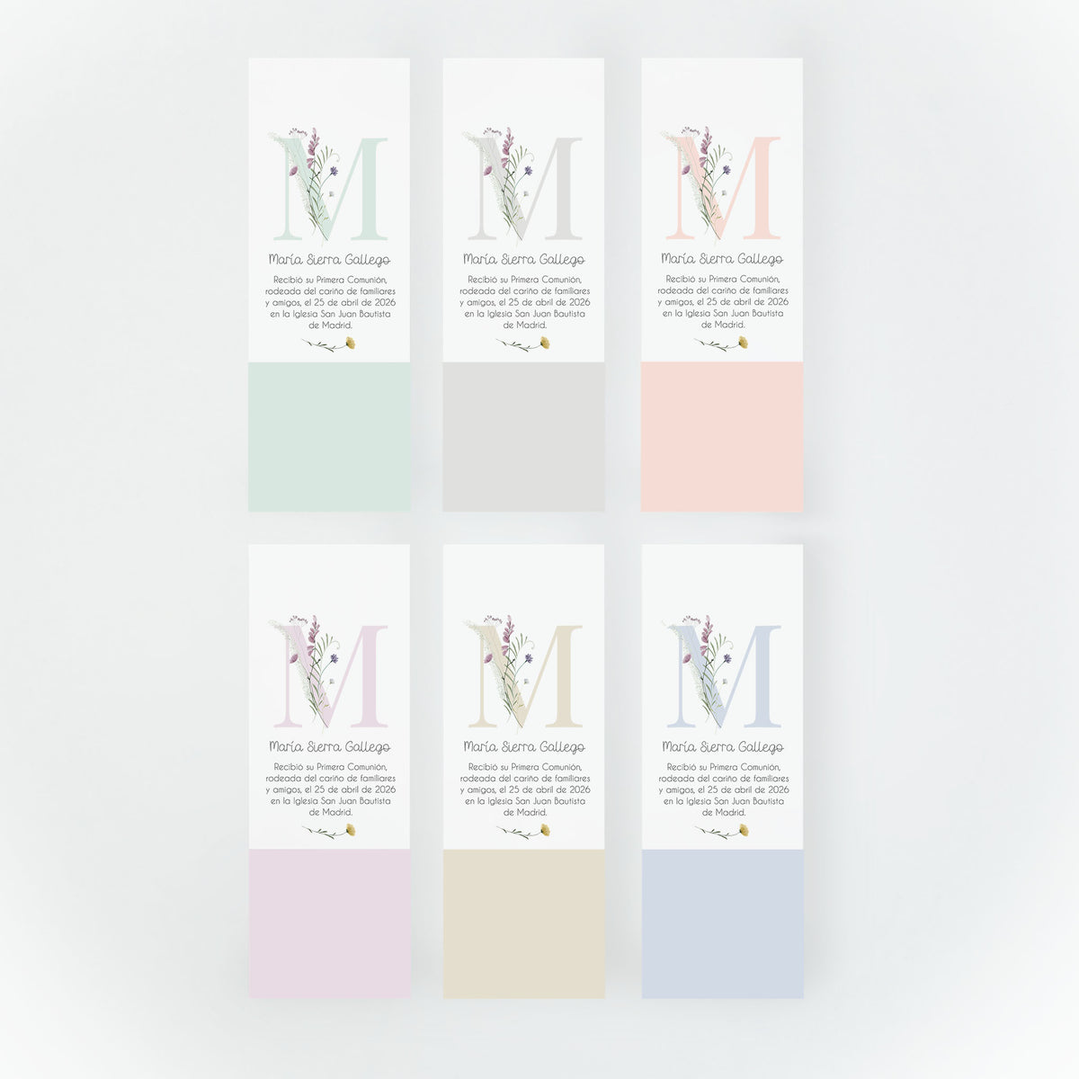 Opciones de color para el marcapáginas de comunión de la colección inicial flores. 