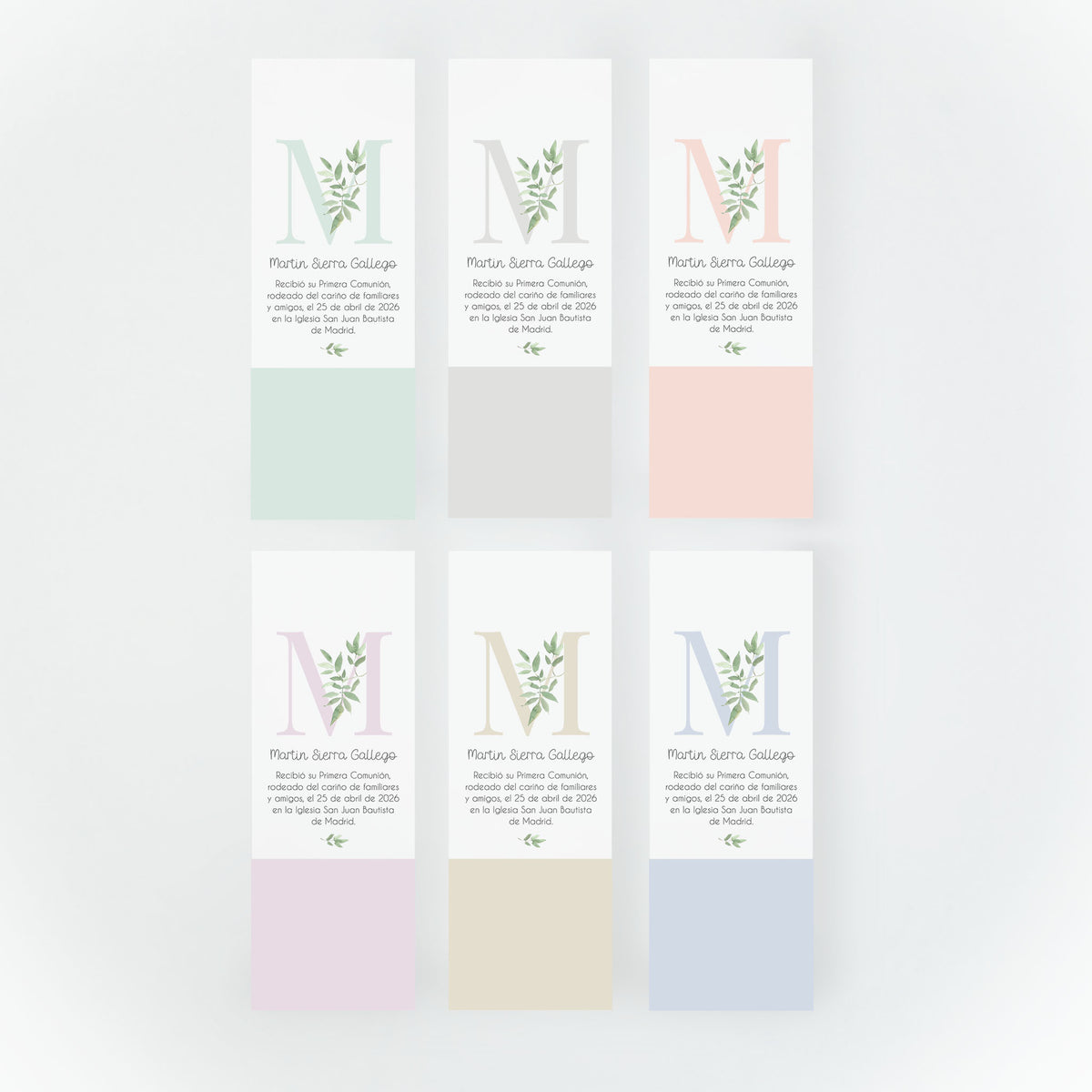 Opciones de color para el marcapáginas de comunión de la colección inicial ramas. 