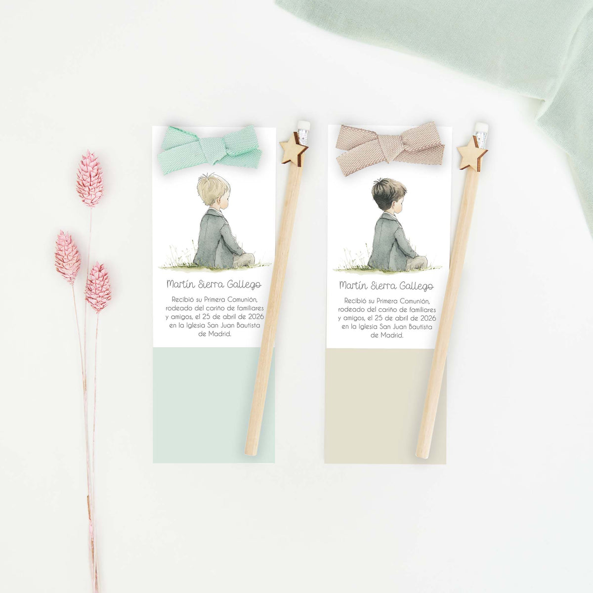 Marcapáginas con lápiz de la colección Boho con ilustración de niño o niña de comunión, detalle de comunión para niños