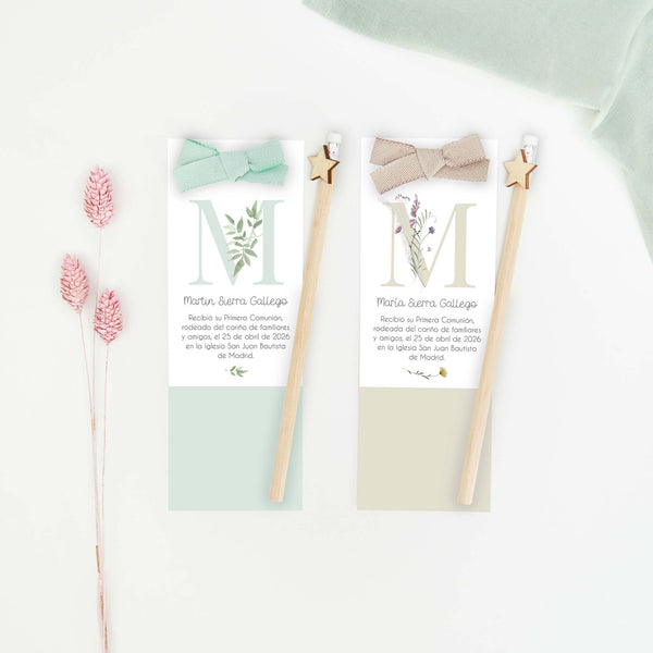 Marcapáginas con lápiz de la colección Inicial con la inicial del niño, disponible en varios colores, recuerdo de comunión para niños