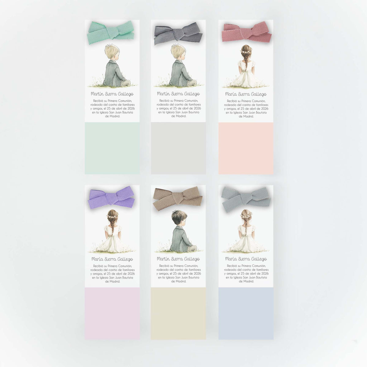 Opciones de color del recordatorio formato marcapáginas para comunión de la colección boho.