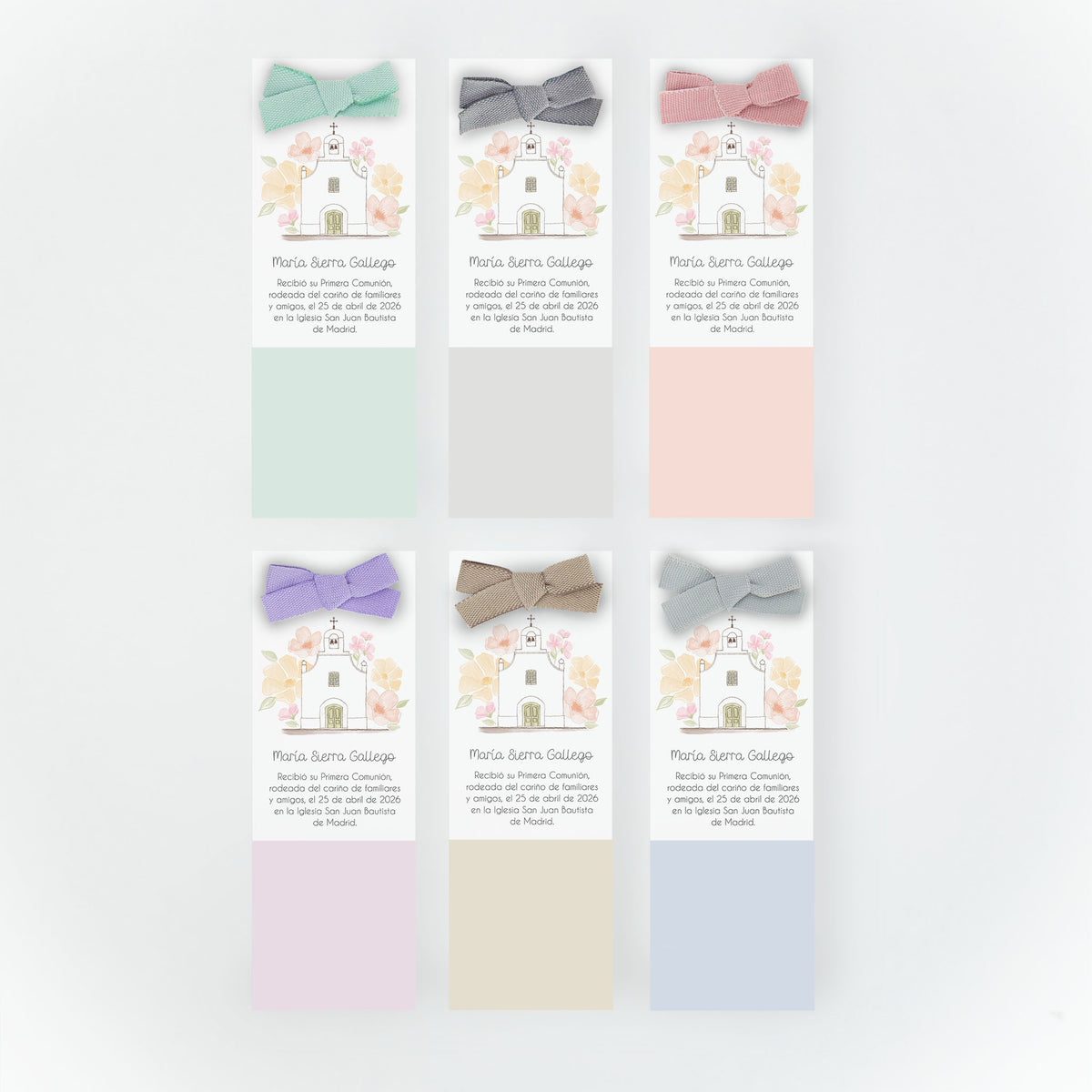 Opciones de color del recordatorio formato marcapáginas para comunión de la colección iglesia flores. 